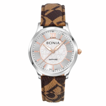 Bonia Monogram BNB10771-1313 Brown Monogram Leather Strap Men Watch